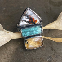 Custom Ring with Dendritic Quartz, Raw Tourmaline Crystal, Golden Rutilated Quartz, and Diamond